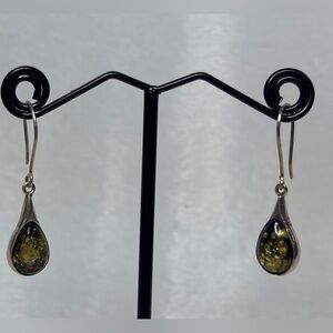 Green Baltic Amber Pear Teardrop Earrings 925 Sterling Silver